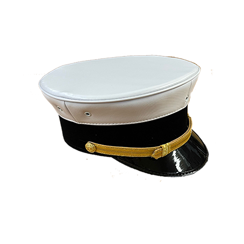 WHITE BELL CAP - BLACK VELVET BAND WITH GOLD LACE CHIN STRAP 