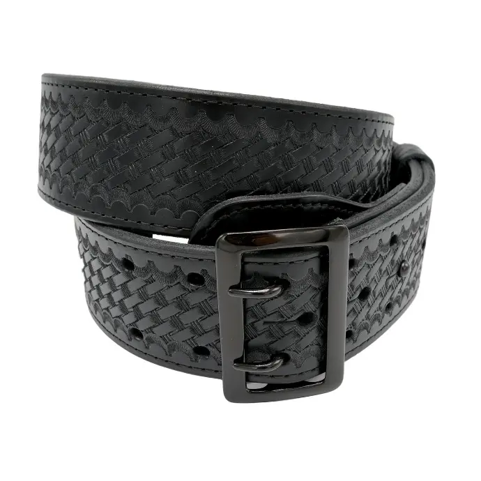 PERFECT FIT 2.25 INCH 4 ROW STITCHING 13 OZ SAM BROWNE BASKETWEAVE LEATHER BELT WITH BLACK BUCKLE
